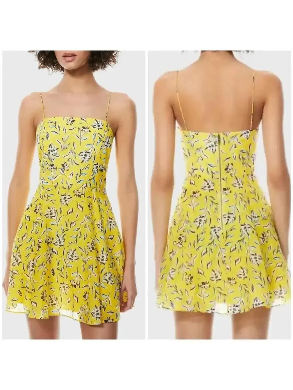 Alice + Olivia Glinda Yellow Floral Cotton Silk Blend Mini Fit and Flare Dress 8